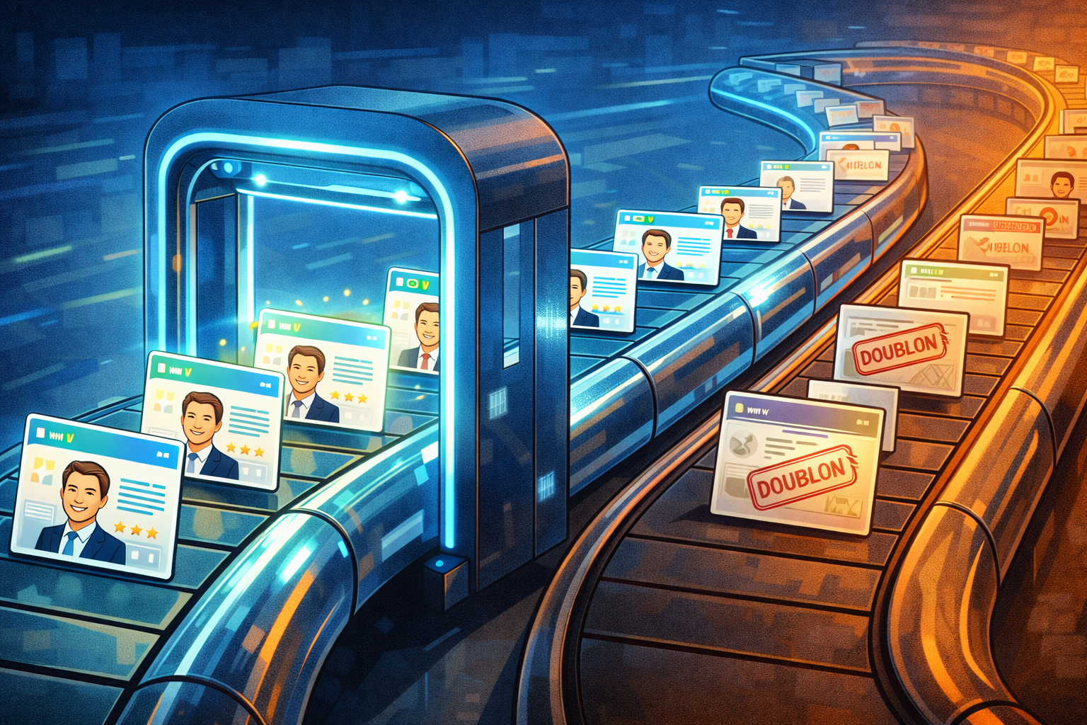 Des fiches d’établissements sont triées automatiquement sur un convoyeur illustré, avec les bonnes fiches conservées et les doublons écartés.