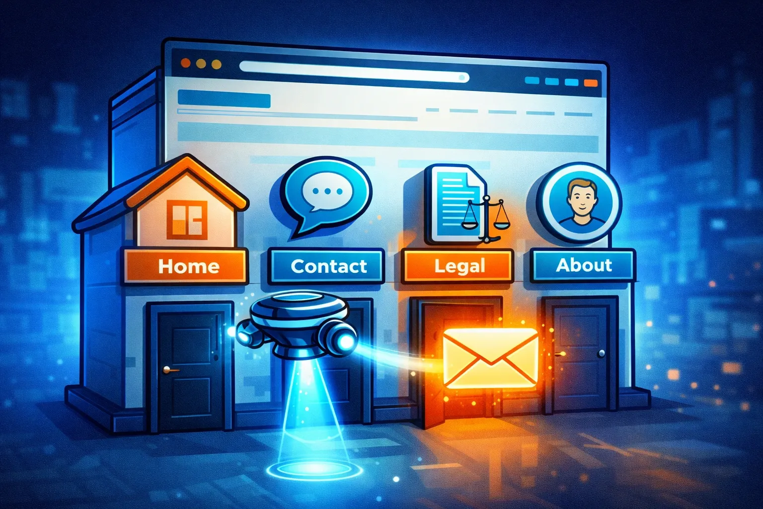 Un petit drone lumineux explore les pages les plus probables d’un site et en fait sortir une adresse email.