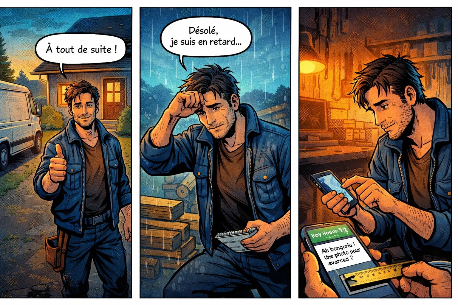 Une bande dessinée montre un artisan qui relance poliment un devis puis obtient la photo ou la mesure manquante pour avancer.