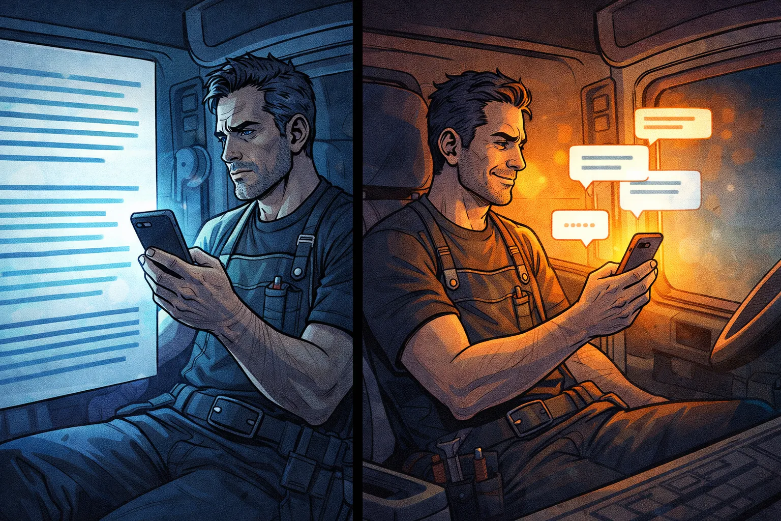 Un strip montre un artisan dans sa camionnette passant d’un message trop lourd à une version plus simple et plus naturelle.