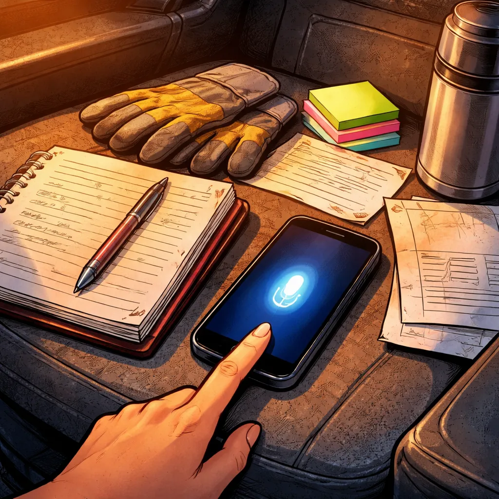 Des objets de travail et un téléphone prêt pour une dictée sont posés sur le siège d’un utilitaire, comme intégrés à une routine ordinaire.