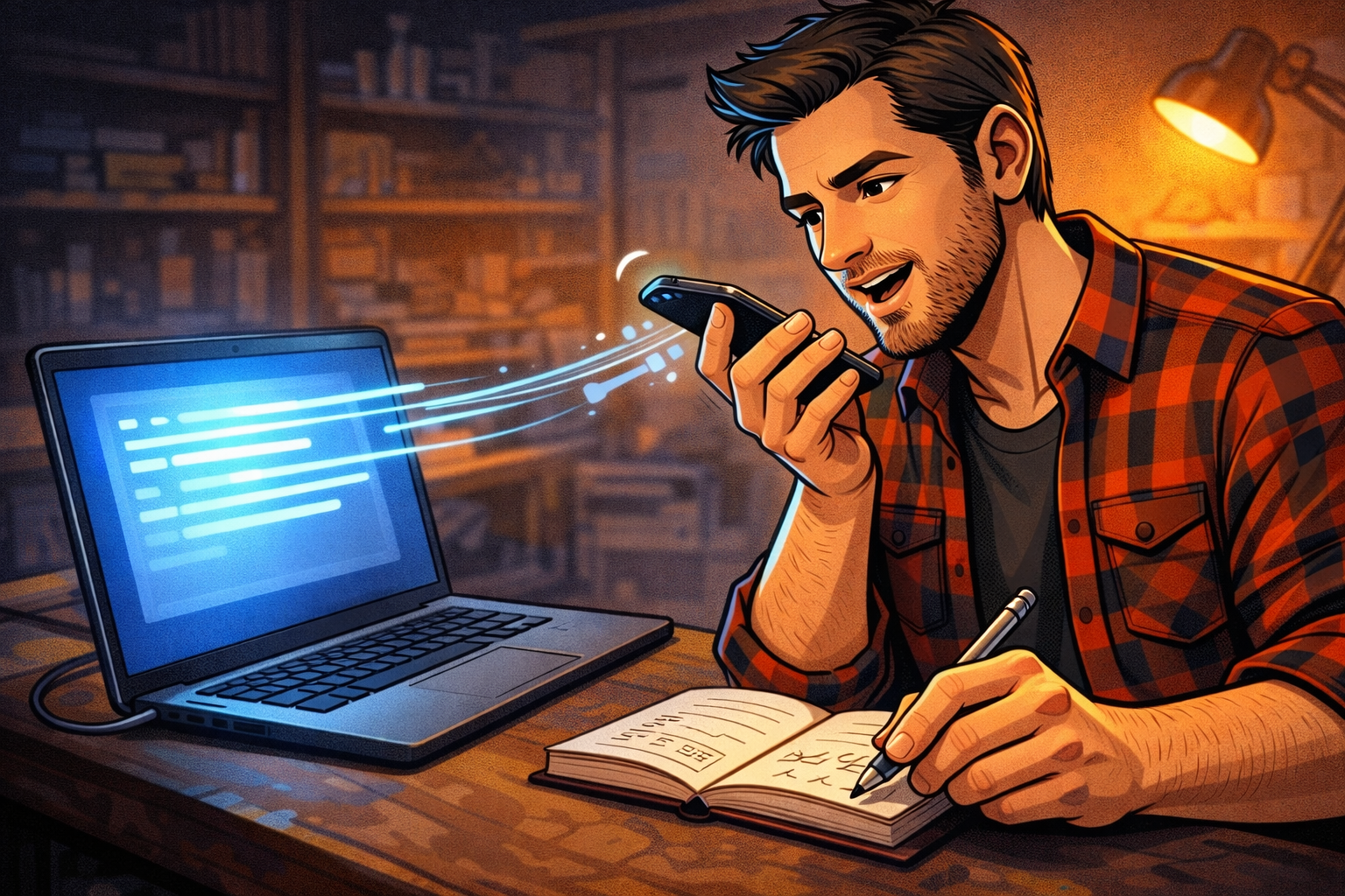 Un artisan dicte un message et relit un brouillon généré sur son ordinateur avant d’envoyer.