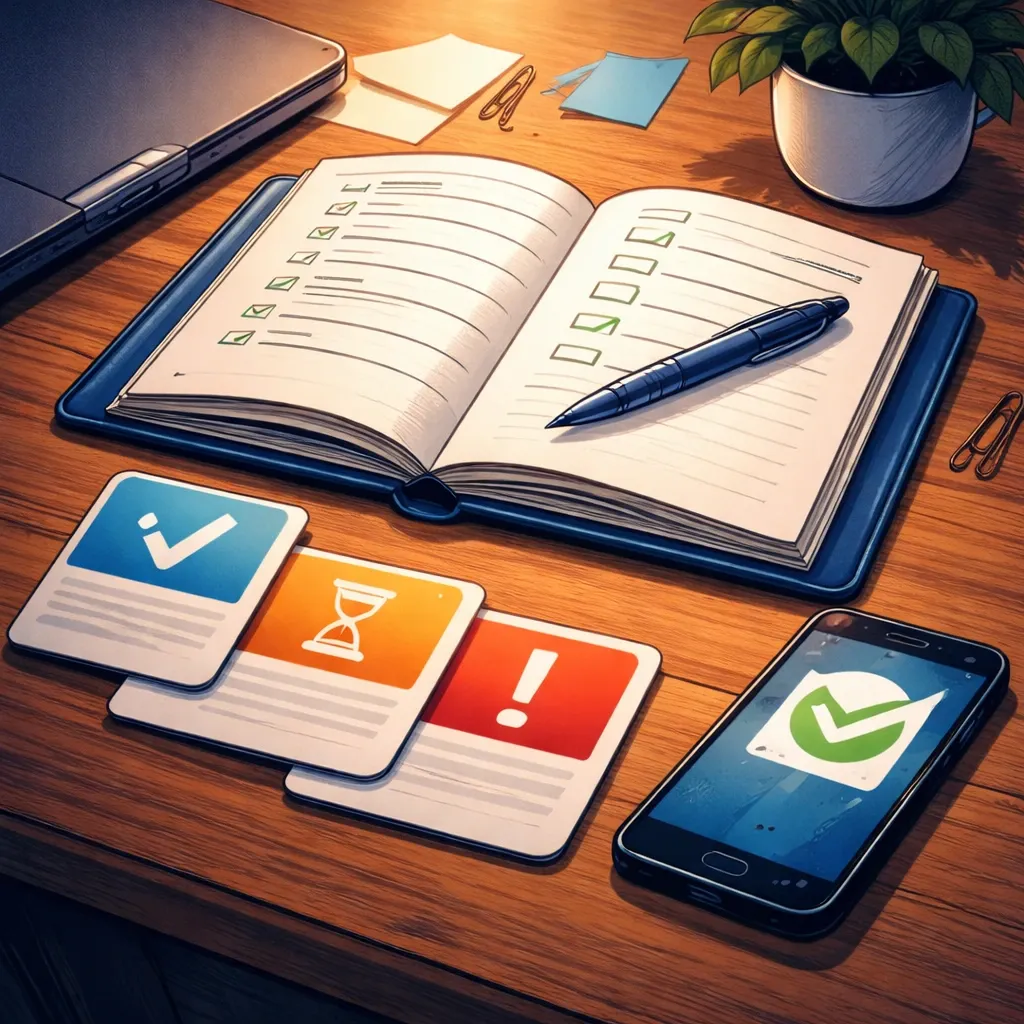 Un ensemble ordonné de carnet, fiches et outils de travail suggère un flux clair et centralisé.