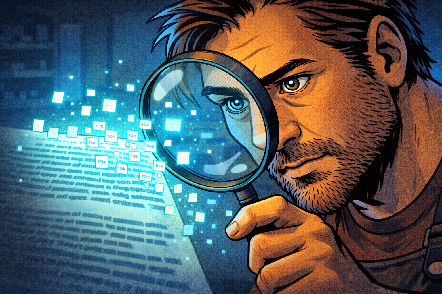 Un personnage observe un texte qui se décompose en petites tuiles lumineuses représentant des tokens.