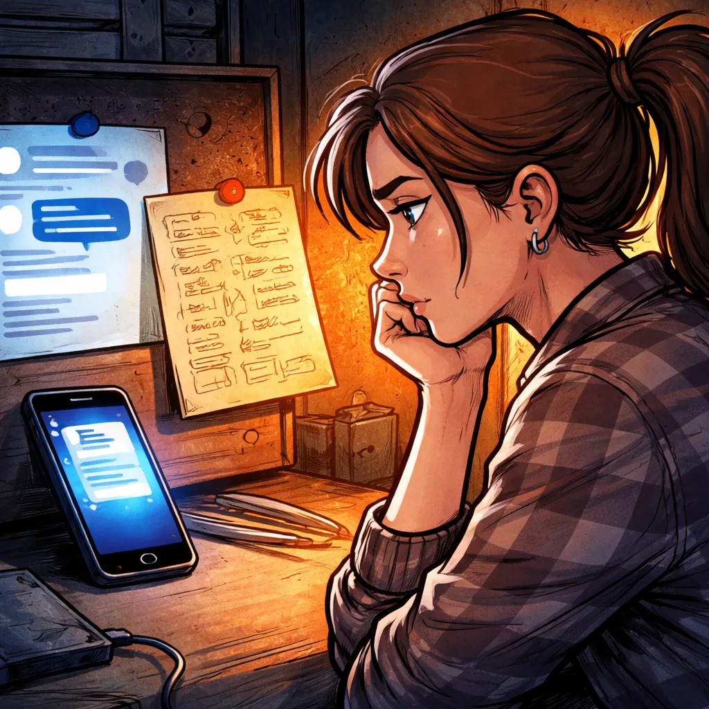 Une professionnelle compare sur sa table un message trop neutre et une version qui semble mieux correspondre à sa manière de parler.