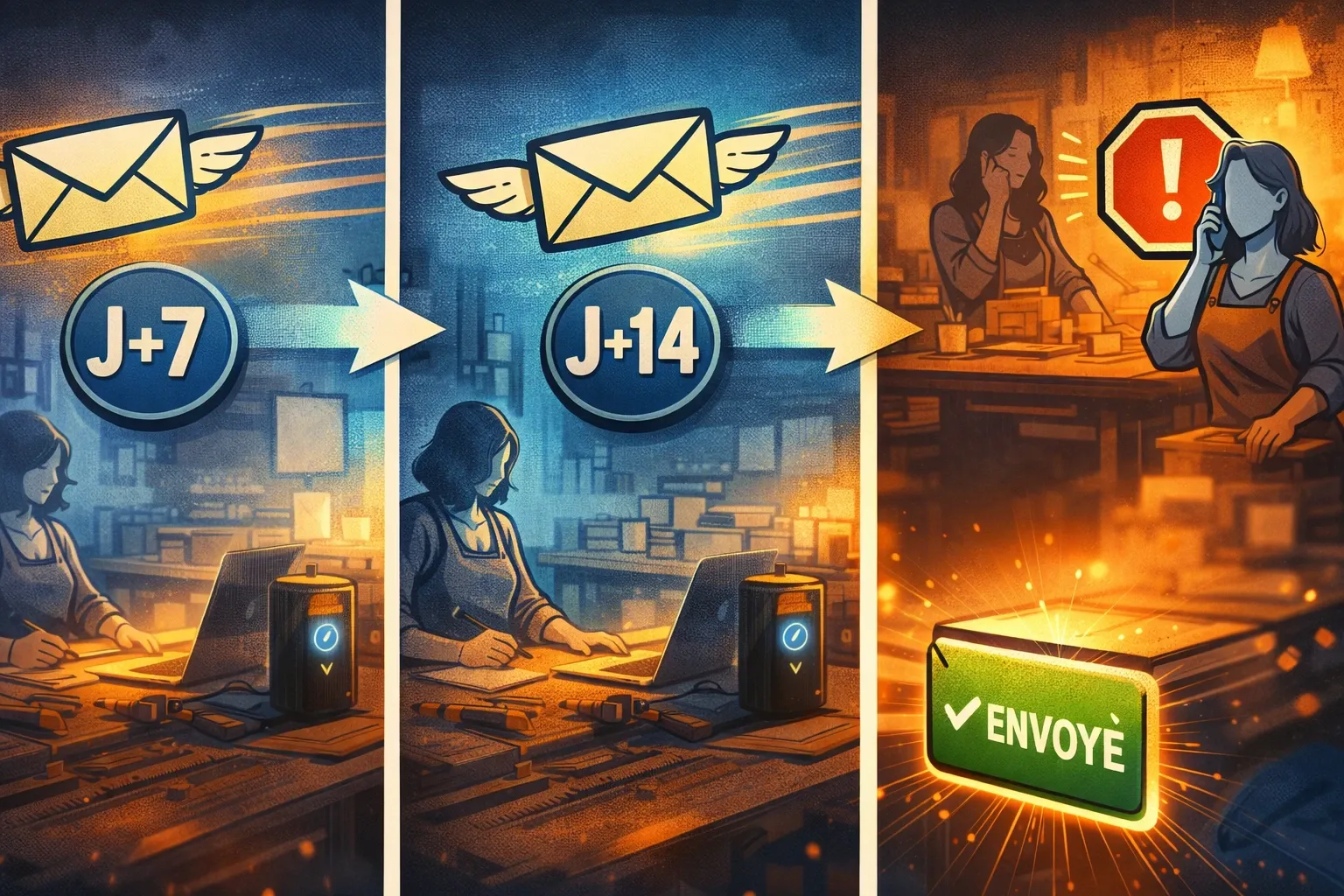 Une scène illustrée montre deux relances espacées dans le temps puis l’arrêt immédiat du processus quand une réponse client arrive.