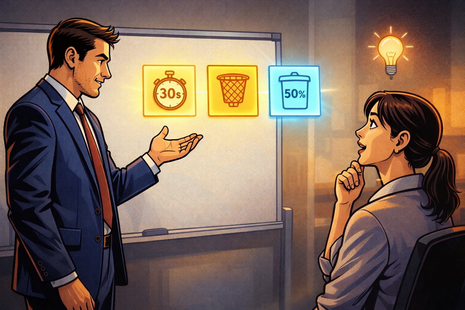 Un consultant présente trois cartes symboliques à une cliente qui comprend soudainement.