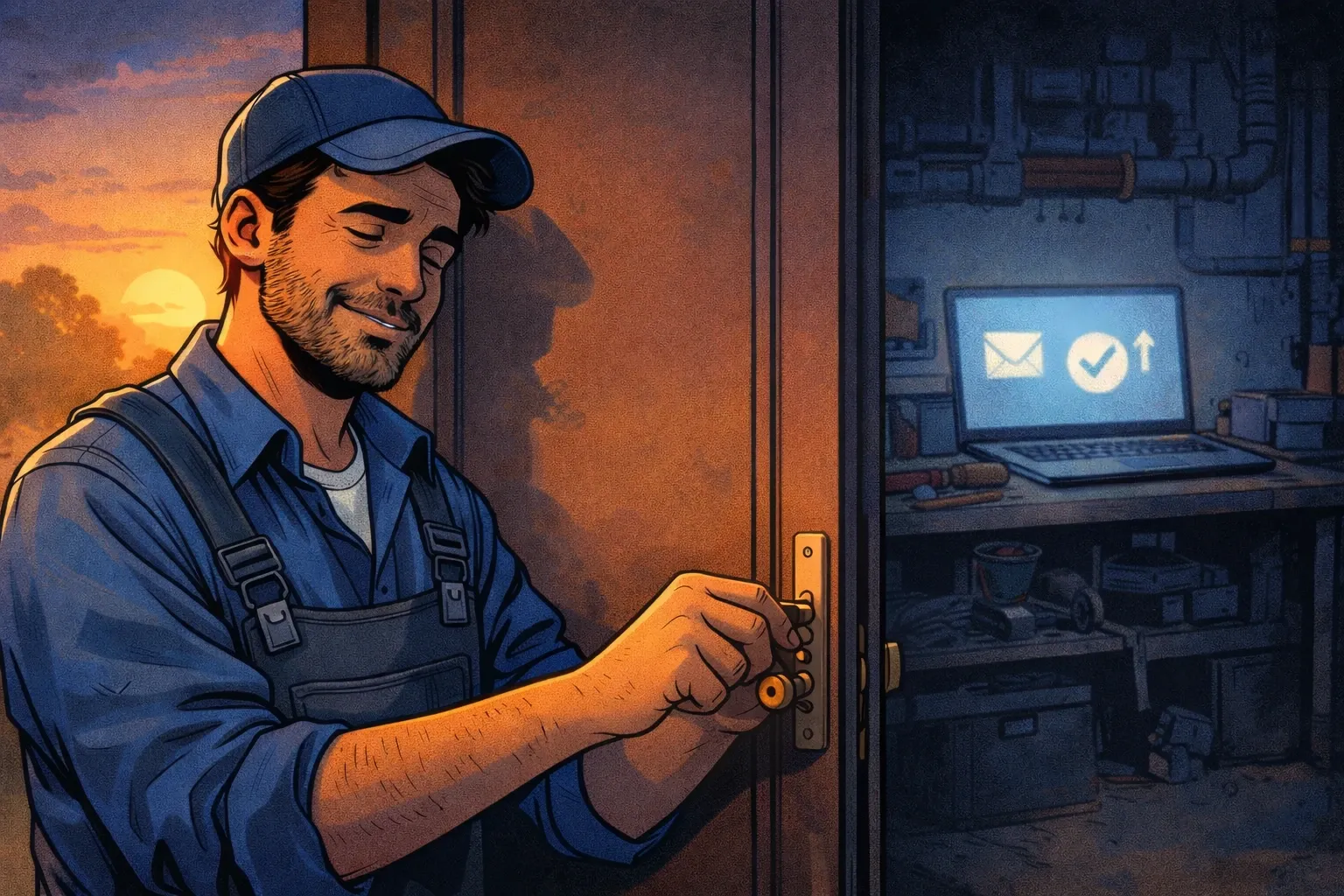 Un plombier quitte son atelier en soirée tandis qu’un système de suivi continue de tourner en arrière-plan.