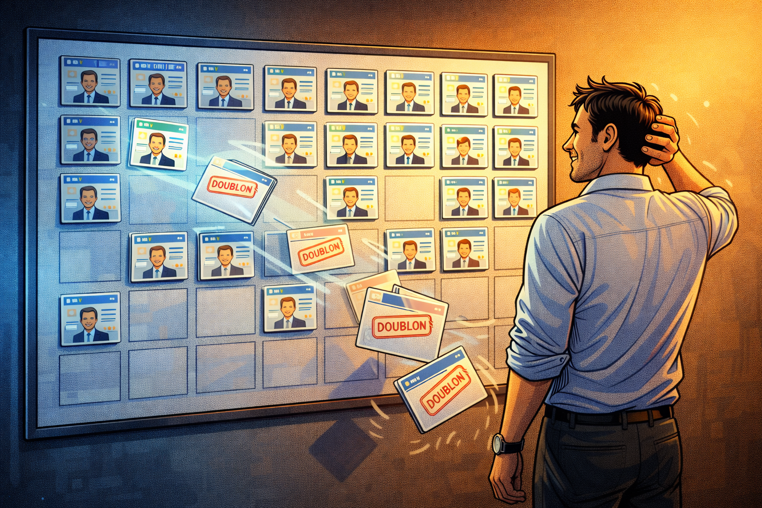 Un consultant regarde un tableau de suivi organisé où de nouvelles fiches prospects viennent s’ajouter proprement.