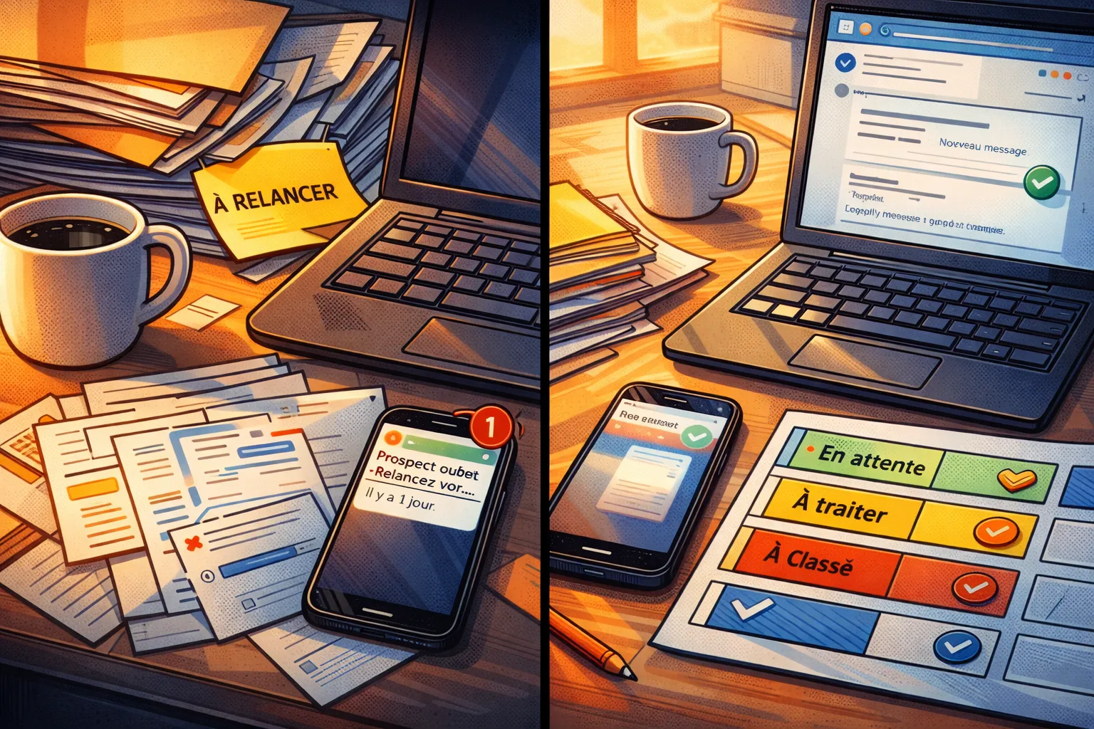 Un bureau de consultant montre des relances prospect oubliées puis un suivi commercial remis à plat.