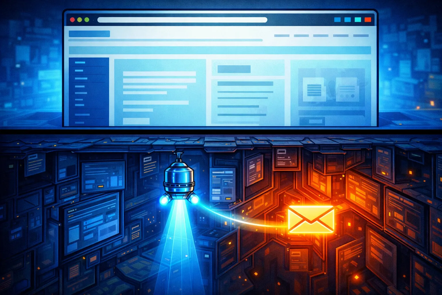 Sous un site web apparemment normal, une sonde lumineuse découvre un email caché dans des couches plus profondes.