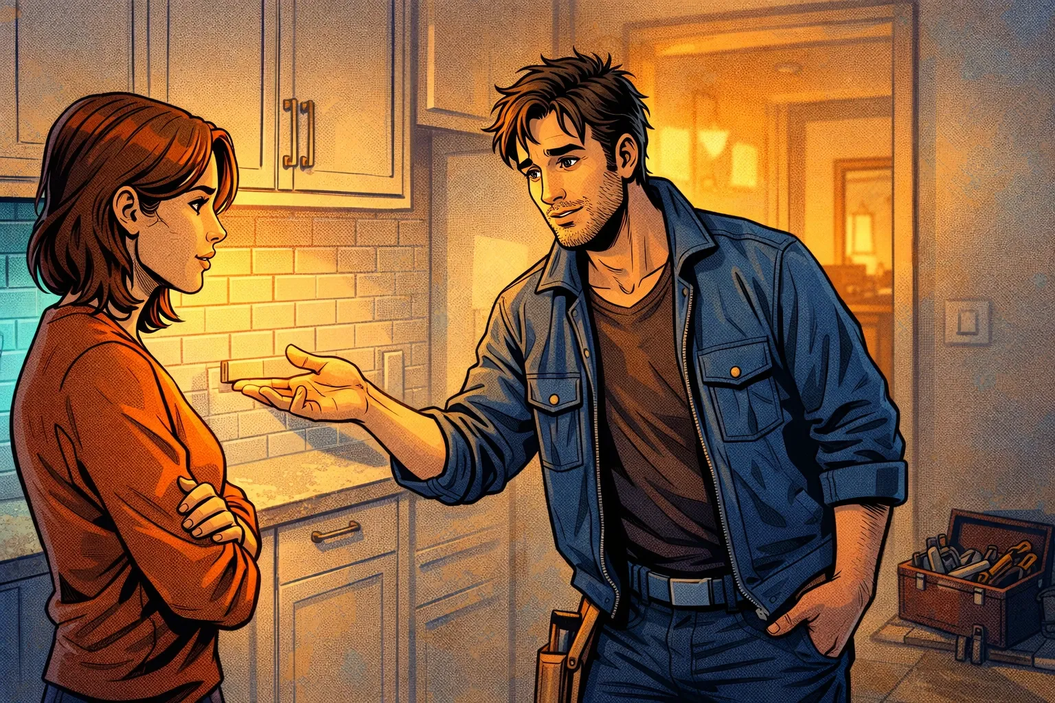 Une bande dessinée montre un artisan qui gère calmement une plainte, clôt un chantier puis répond avec professionnalisme à un avis négatif.