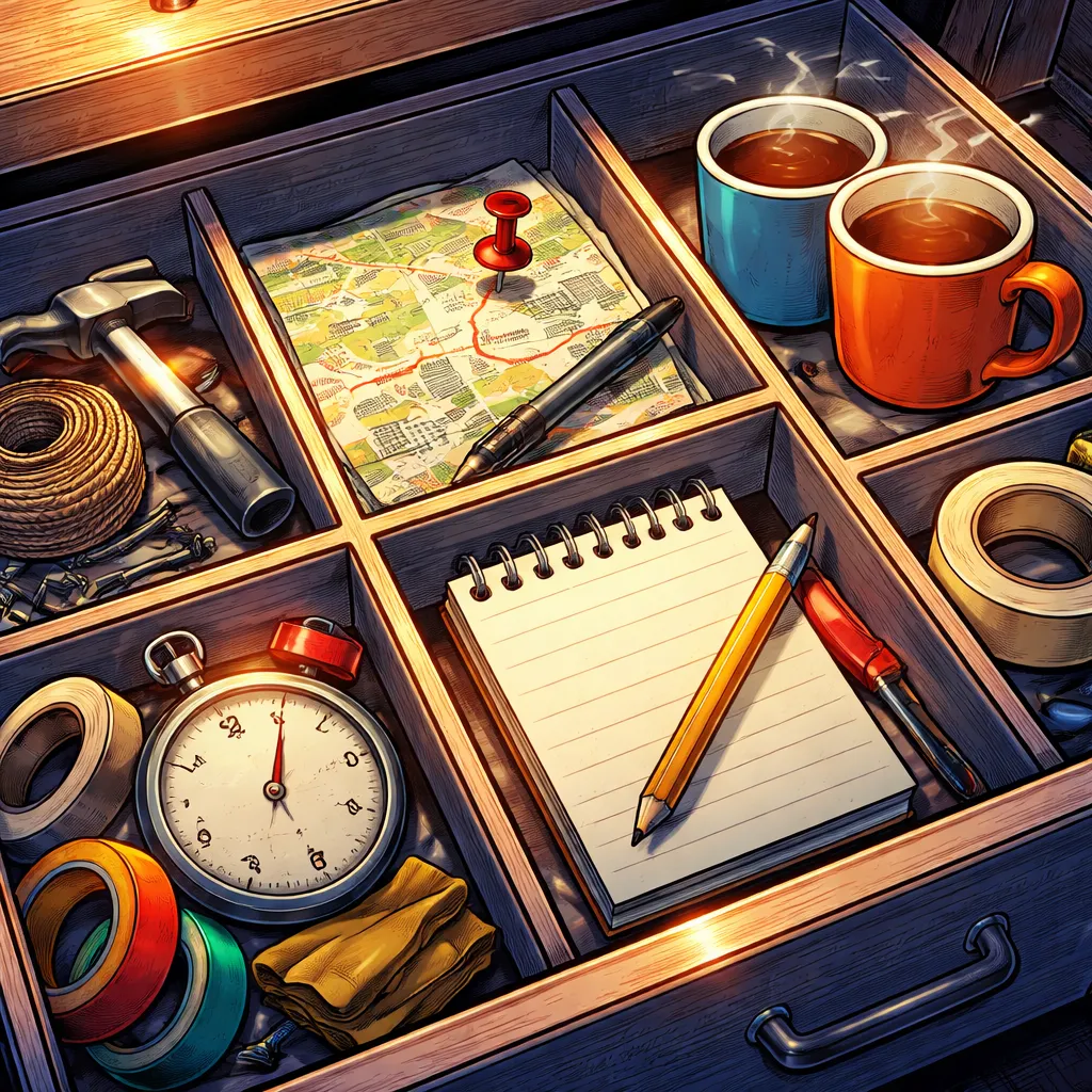 Un tiroir compartimenté contient plusieurs objets symboliques qui représentent le métier, le ton et les consignes d’écriture.