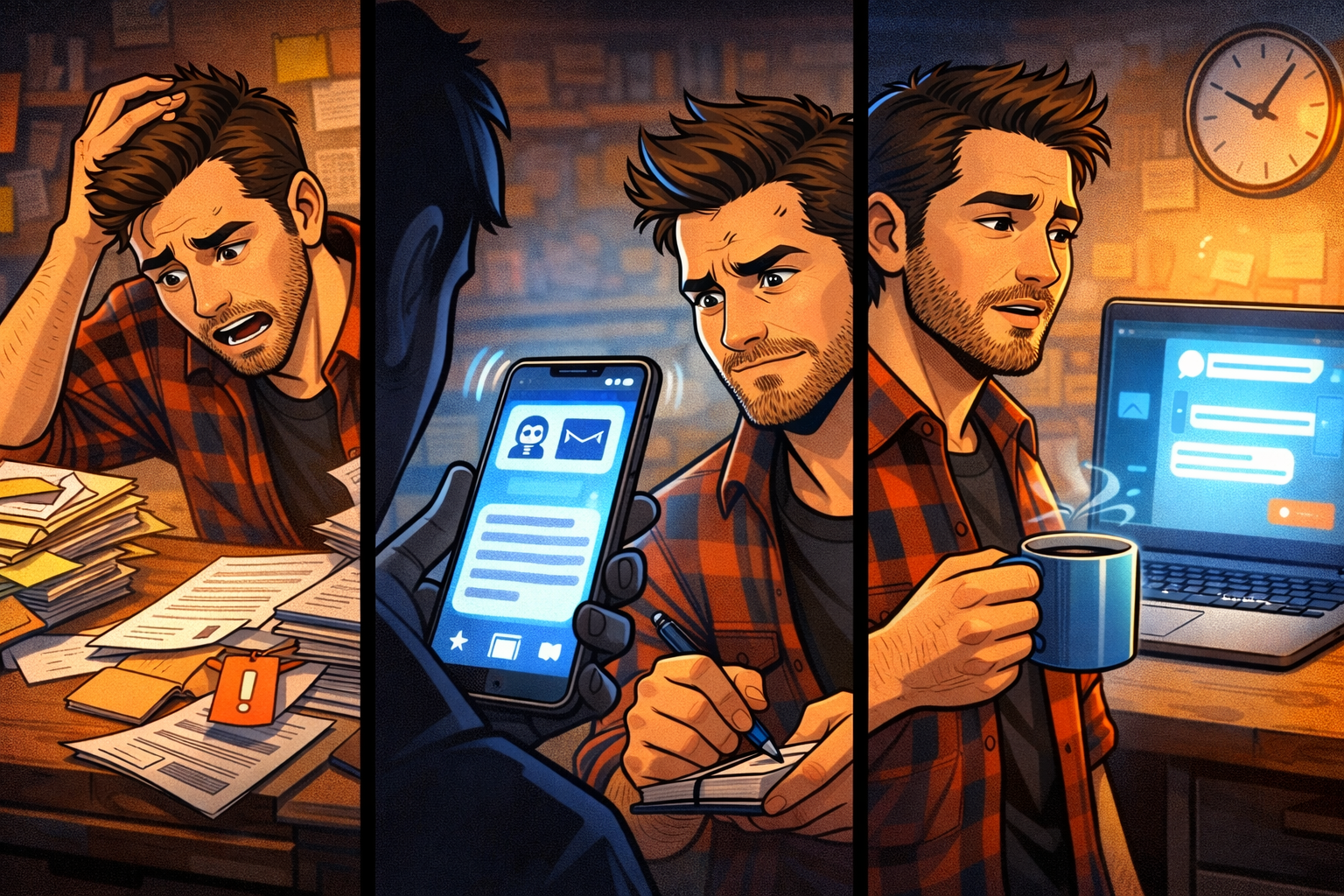 Strip en trois scènes montrant une relance oubliée, une réponse trop standard et du temps perdu à utiliser l’IA comme un agenda.