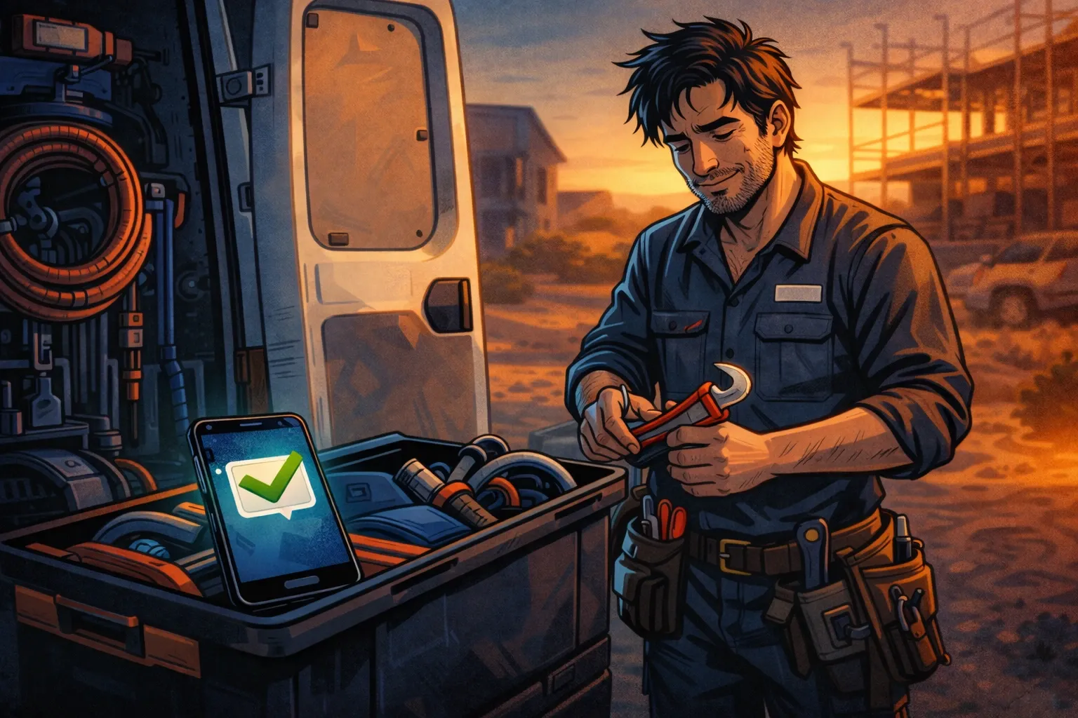 Un plombier sur chantier consulte calmement son téléphone pendant que son activité reste fluide.