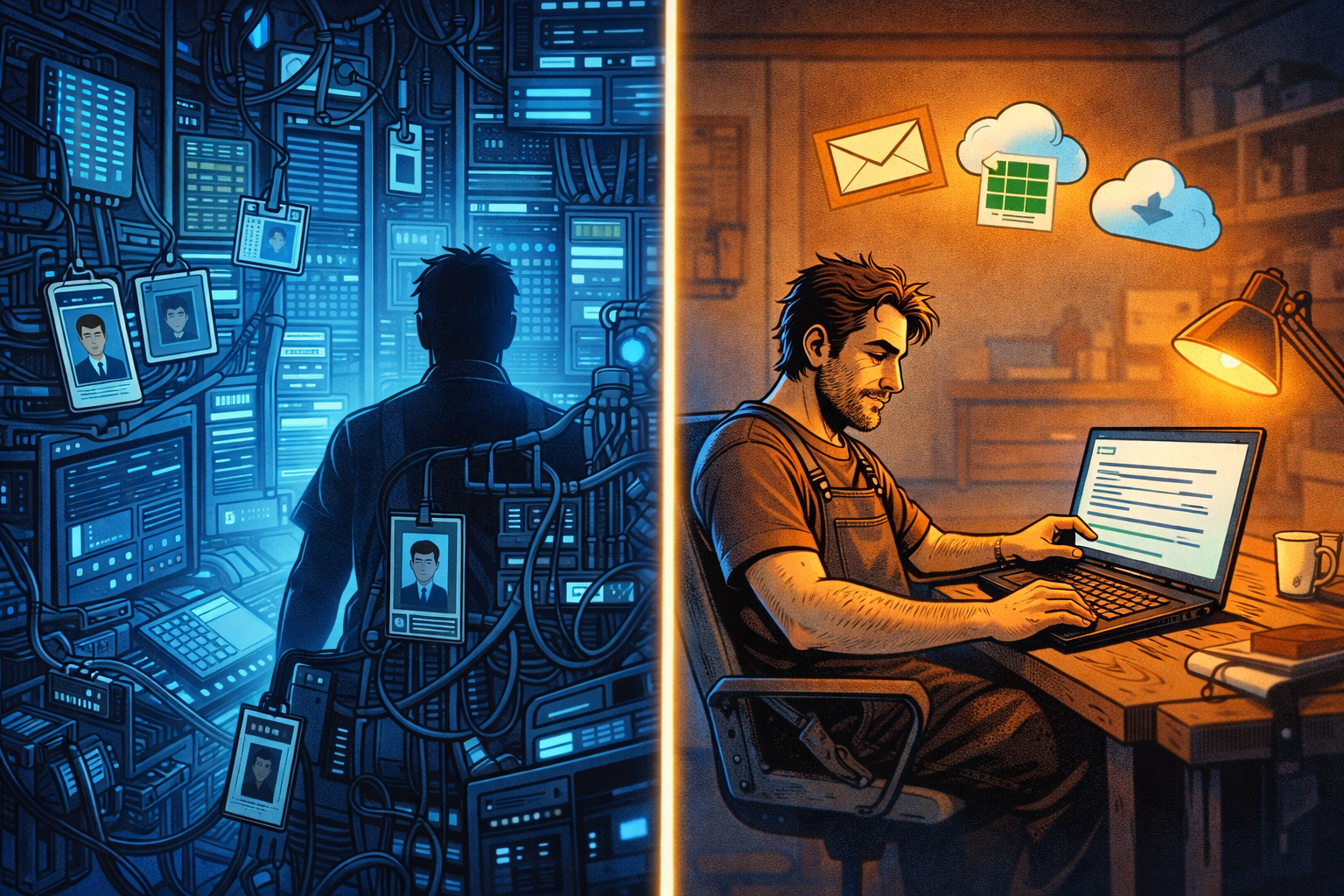 Une scène comparant une grande entreprise complexe à gauche et un petit bureau d’artisan simple à droite.