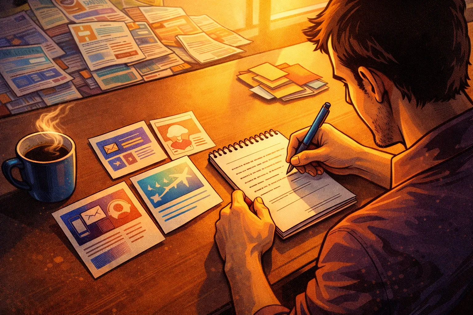 Vue en plongée d’un bureau matinal où un personnage masculin rédige à partir de fiches d’analyse déjà prêtes.