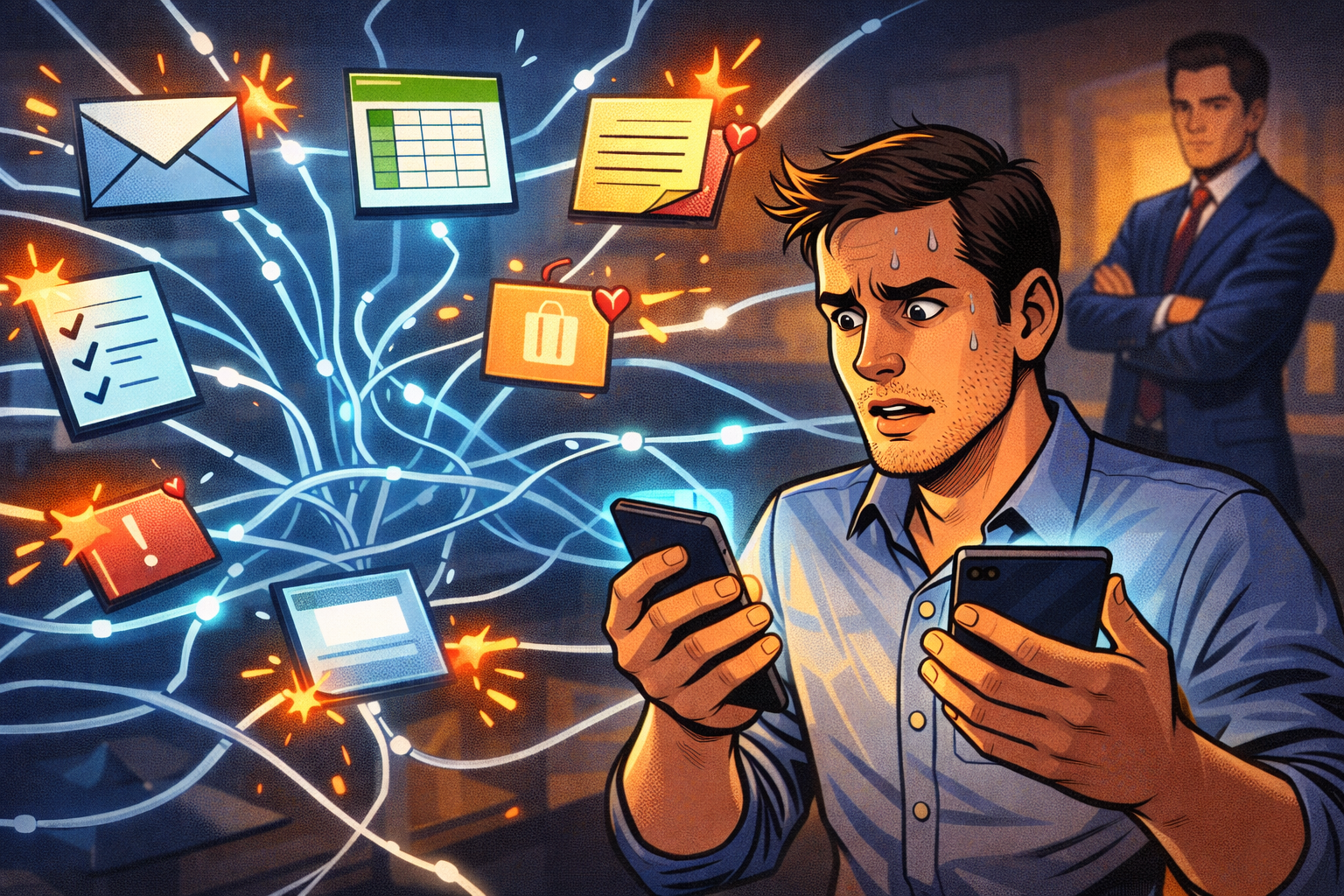 Un client est submergé par plusieurs écrans et câbles emmêlés représentant des outils connectés sans centre.