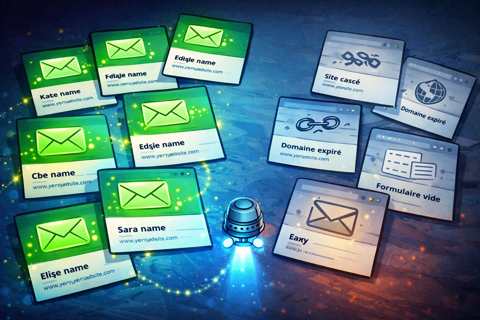 Des cartes prospects validées avec email côtoient quelques cartes grisées représentant des sites cassés ou sans contact exploitable.