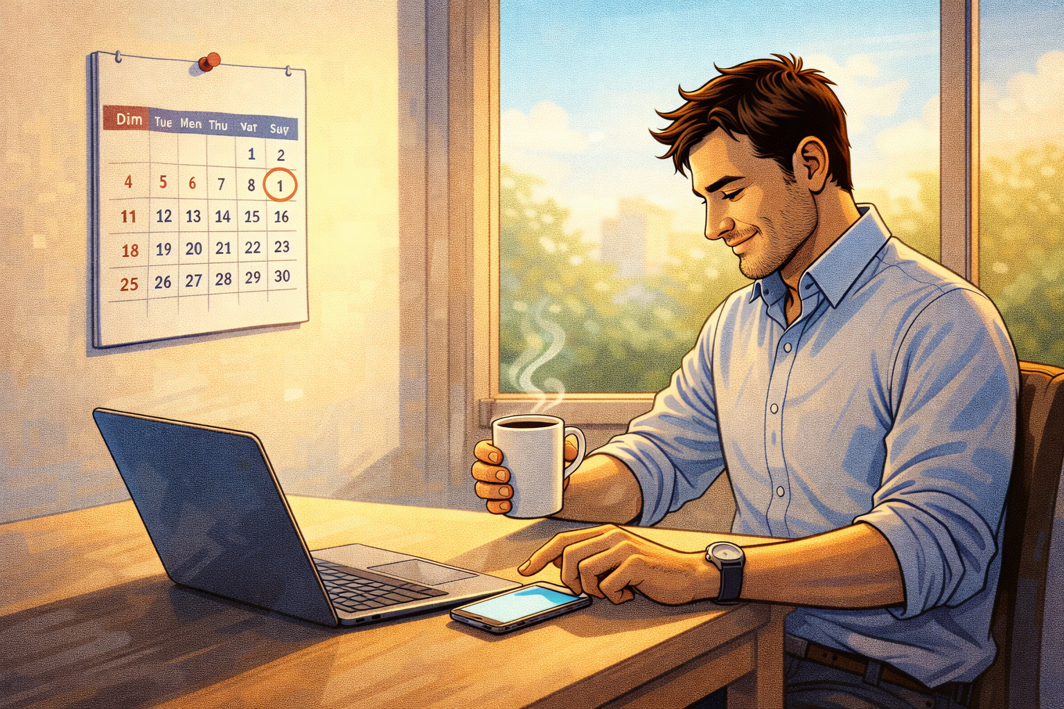 Un consultant lance tranquillement sa prospection mensuelle un lundi matin dans une ambiance calme et organisée.