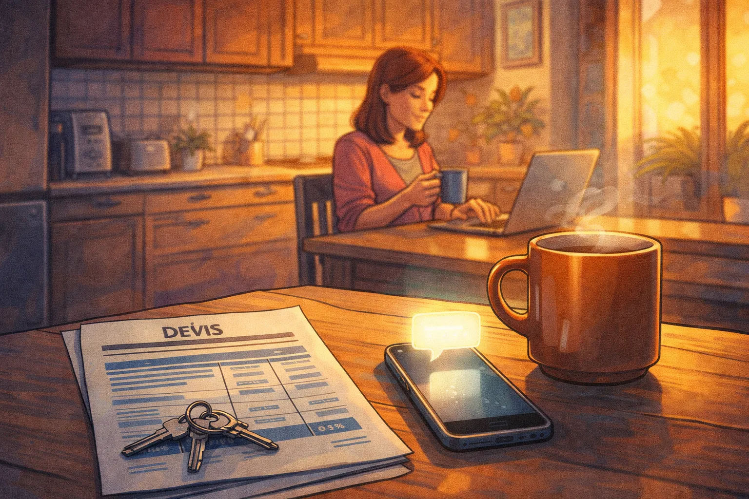 Sur une table de cuisine, un devis et un téléphone avec une notification concise accompagnent une cliente qui reprend tranquillement son activité.