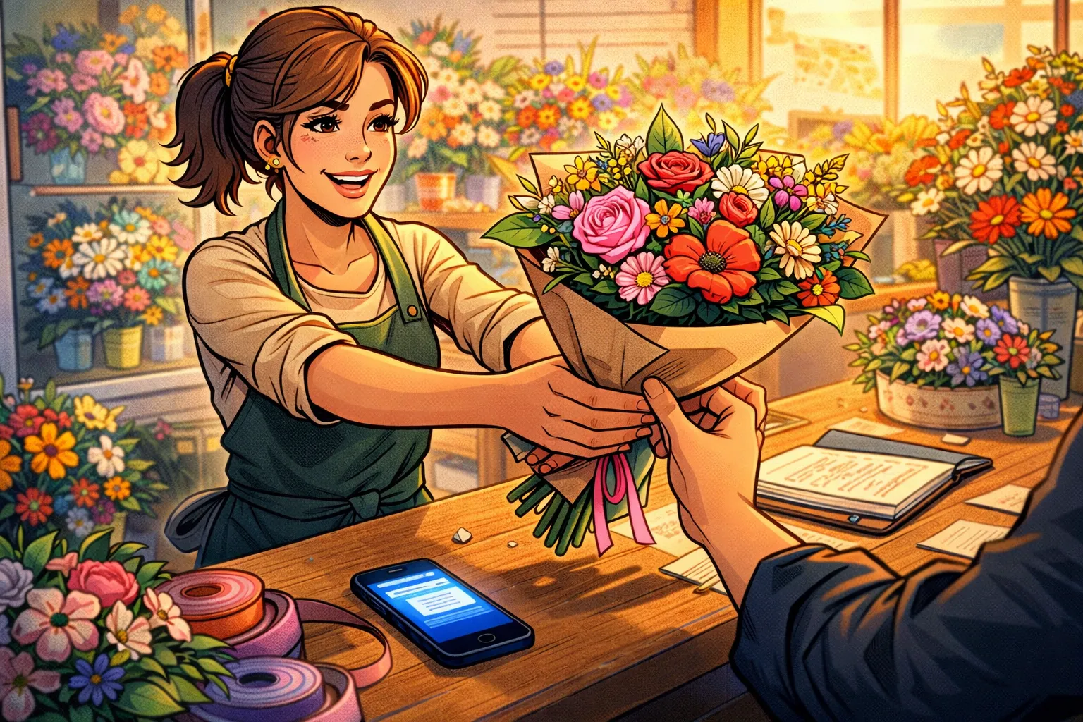 Une fleuriste remet un bouquet dans sa boutique pendant que son téléphone reste en arrière-plan, déjà utilisé sans interrompre l’activité.