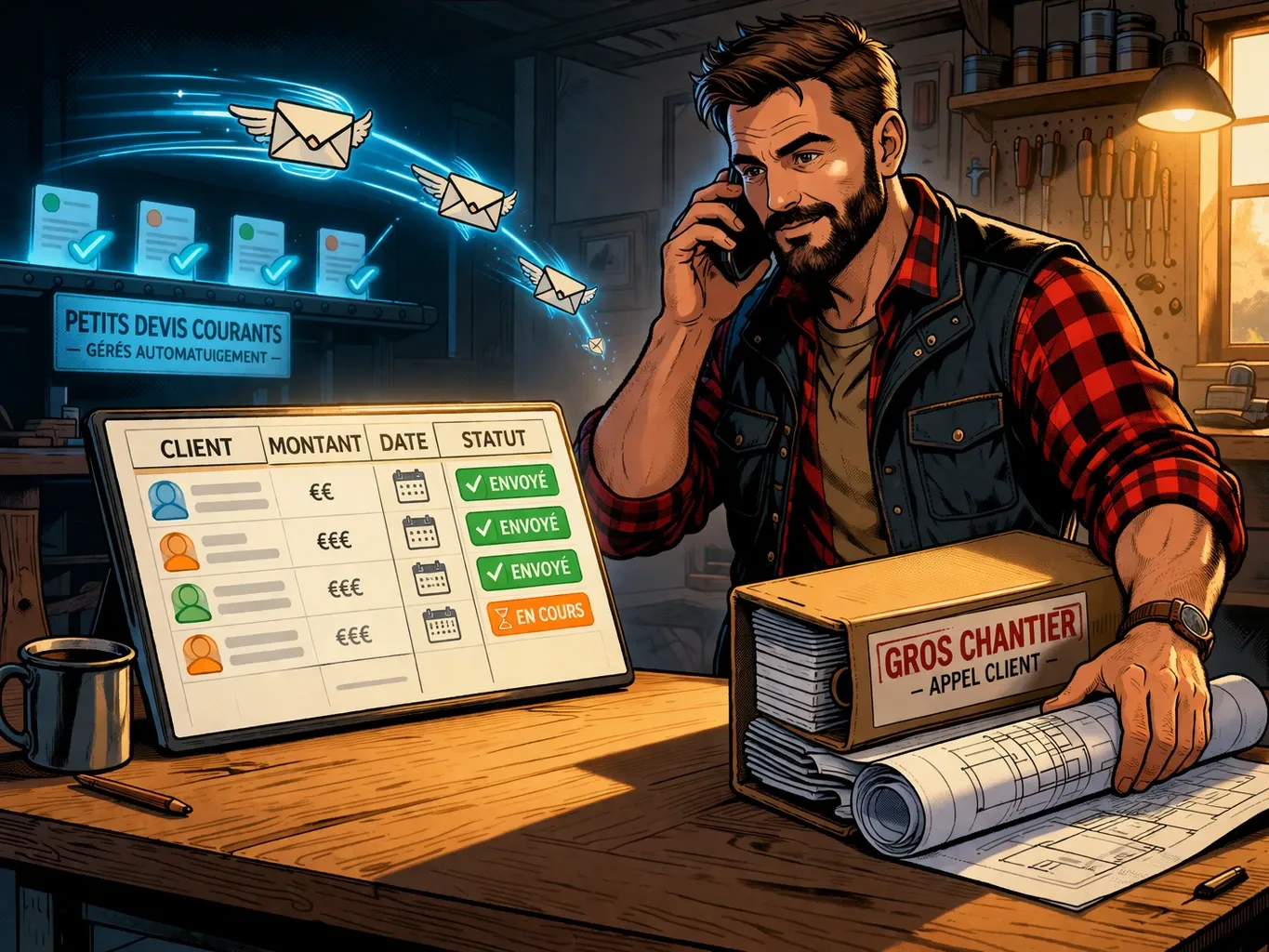 Un artisan gère lui-même un gros dossier pendant que le suivi automatique s’occupe en arrière-plan des devis plus courants.