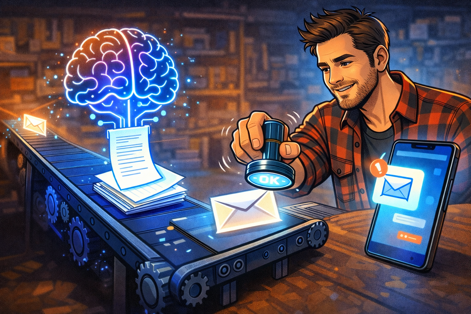 Un flux illustré où un email entrant passe par un module IA puis arrive à un artisan qui approuve avant l’envoi.