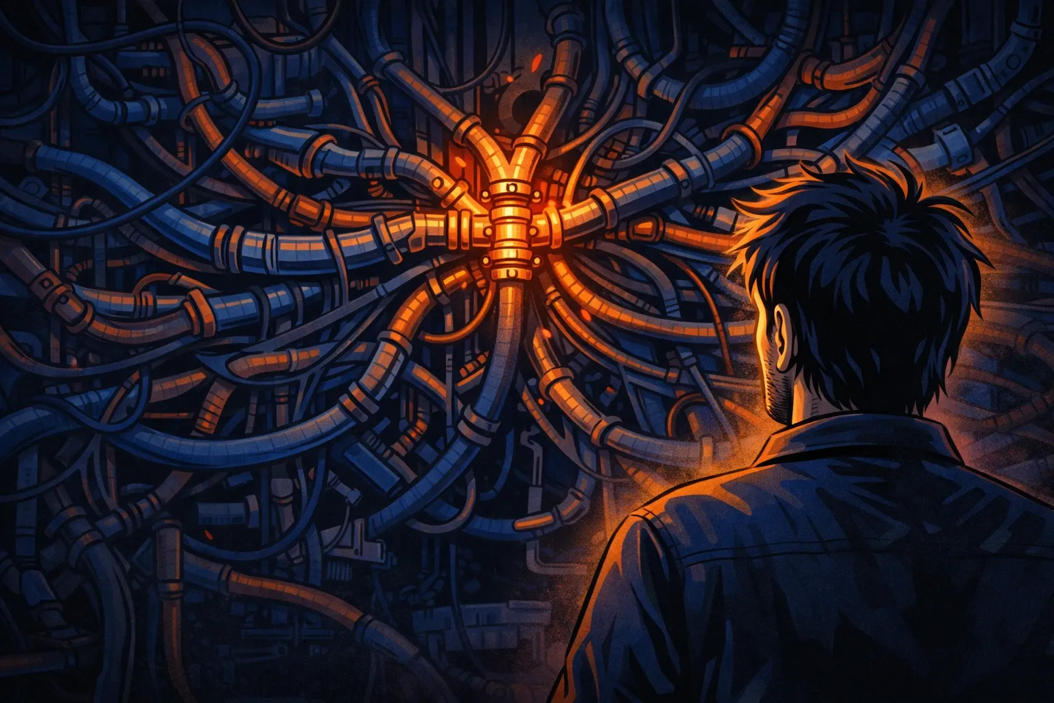 Un artisan observe un point de blocage unique dans un ensemble de conduits embrouillés.