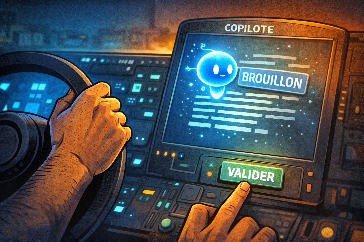 Une main humaine prête à valider un brouillon affiché par une IA, symbole de contrôle et de sécurité.