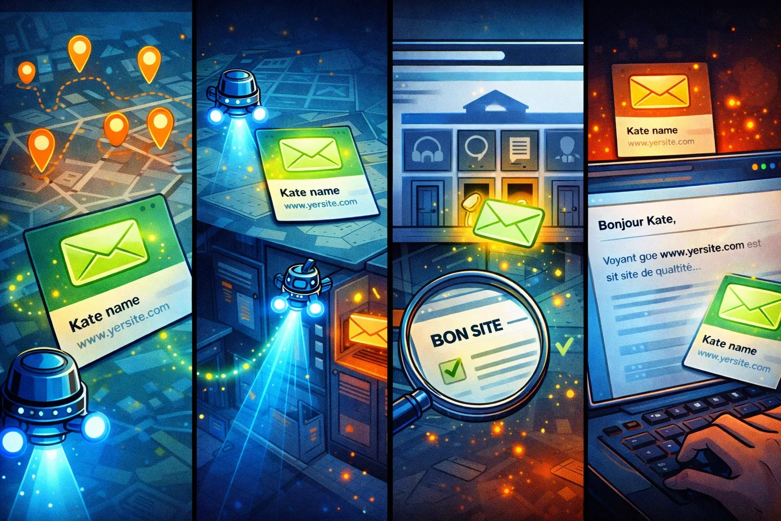 Une même fiche prospect traverse quatre scènes illustrant la collecte, l’enrichissement email, l’analyse du site et la préparation du message.