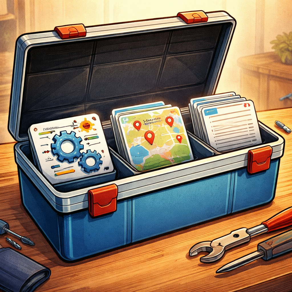 Une petite boîte à outils illustrée contient trois éléments simples représentant un système de prospection automatisé.