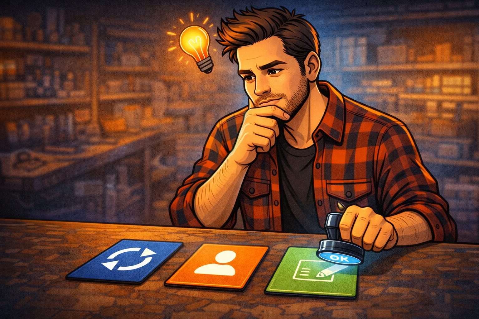 Un artisan réfléchit devant trois cartes avec des icônes représentant la répétition, le client et l’écriture.