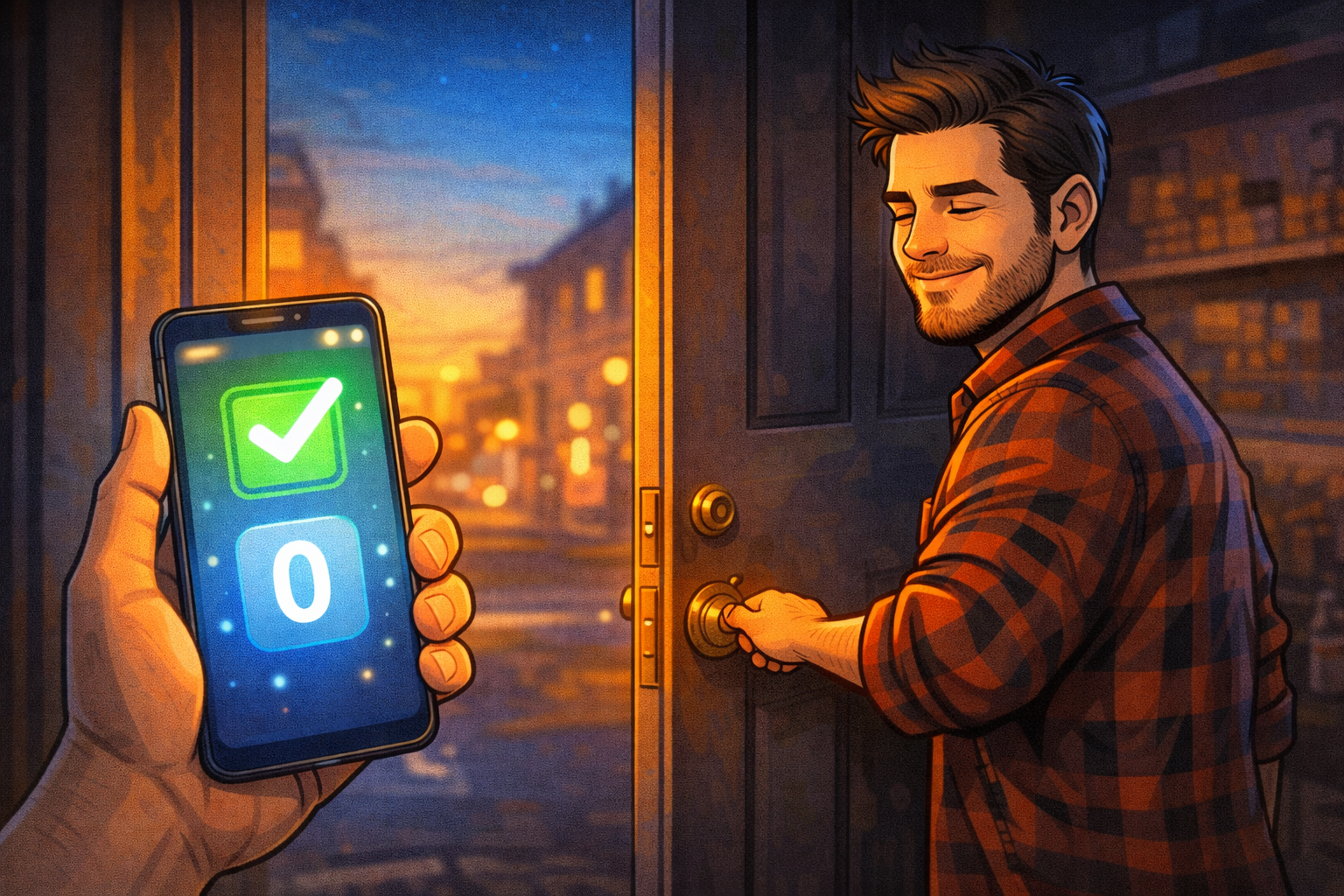 Un artisan ferme son atelier au coucher du soleil, détendu, avec un téléphone indiquant que tout est traité.