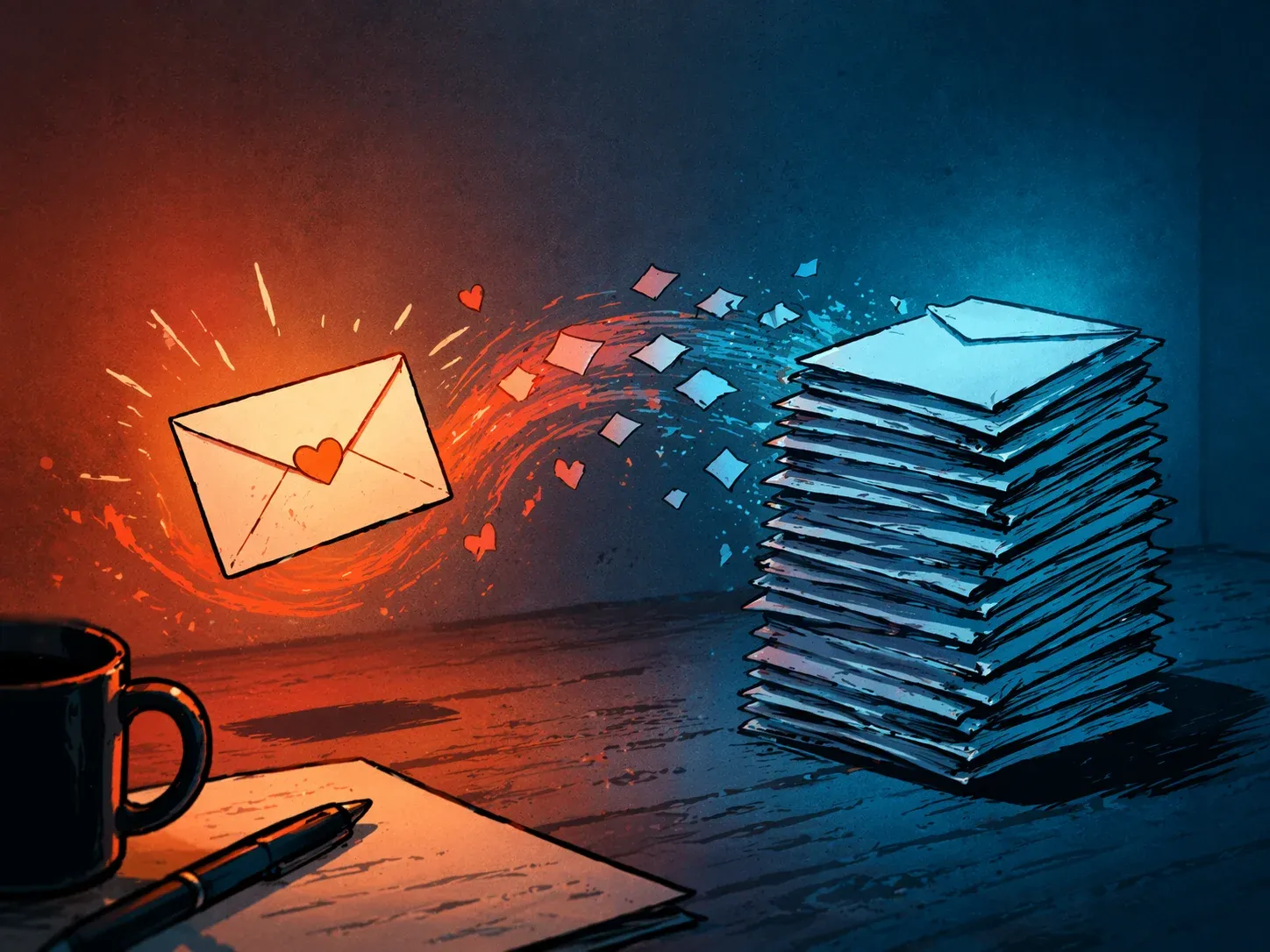 Une scène symbolique montre un message simple qui se transforme en réponses standardisées et impersonnelles.