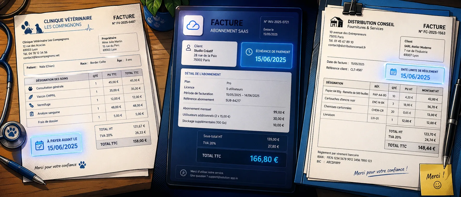 Trois types de factures très différentes sont présentés côte à côte avec la même information de paiement mise en évidence.
