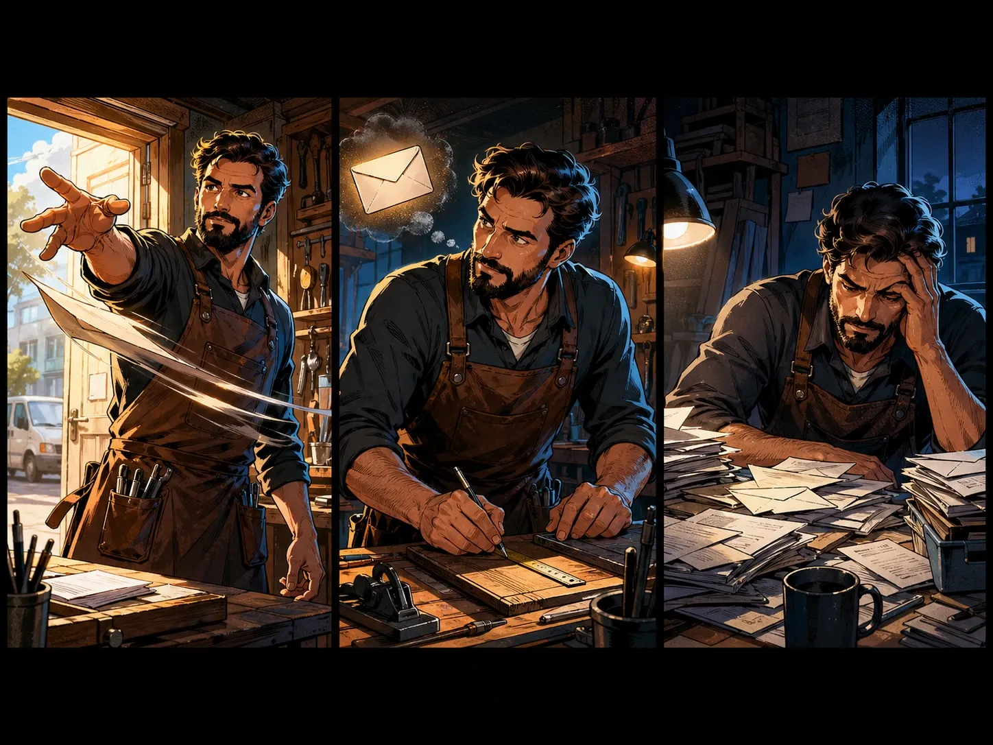 Un strip en trois scènes montre un artisan envoyant une facture, y repensant ensuite, puis la retrouvant en retard le vendredi soir.