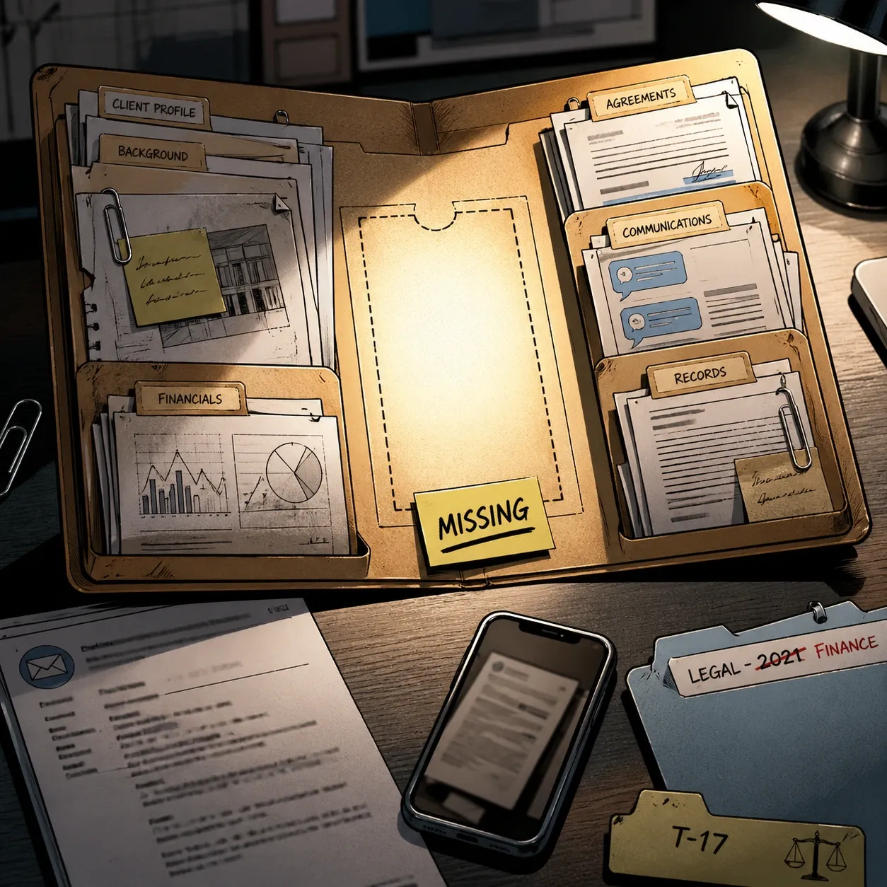 Un dossier client presque complet est ouvert sur une table, avec un emplacement vide là où manque une pièce importante.