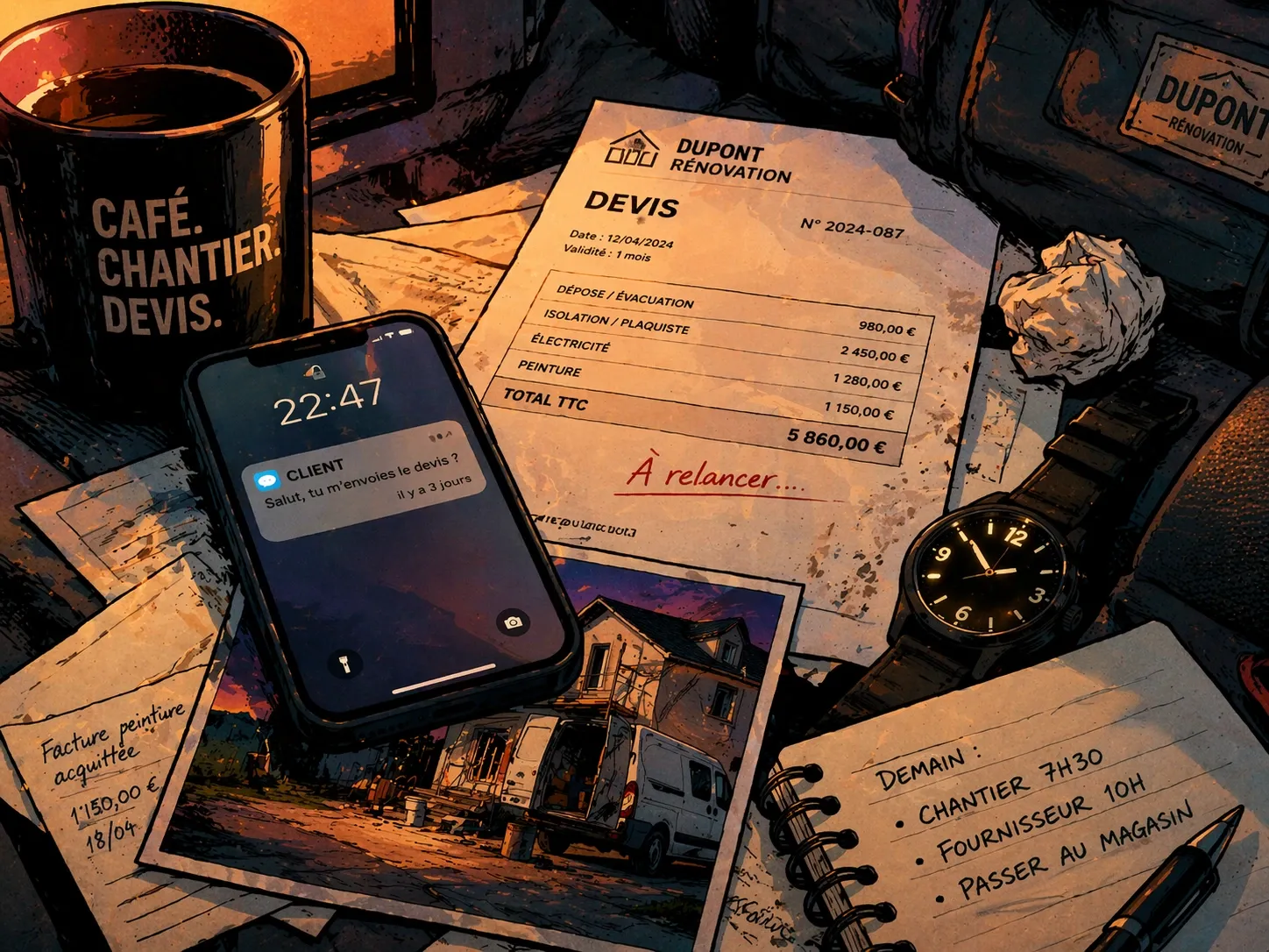 Des documents, un téléphone et des notes éparpillés montrent plusieurs tâches administratives laissées en attente.