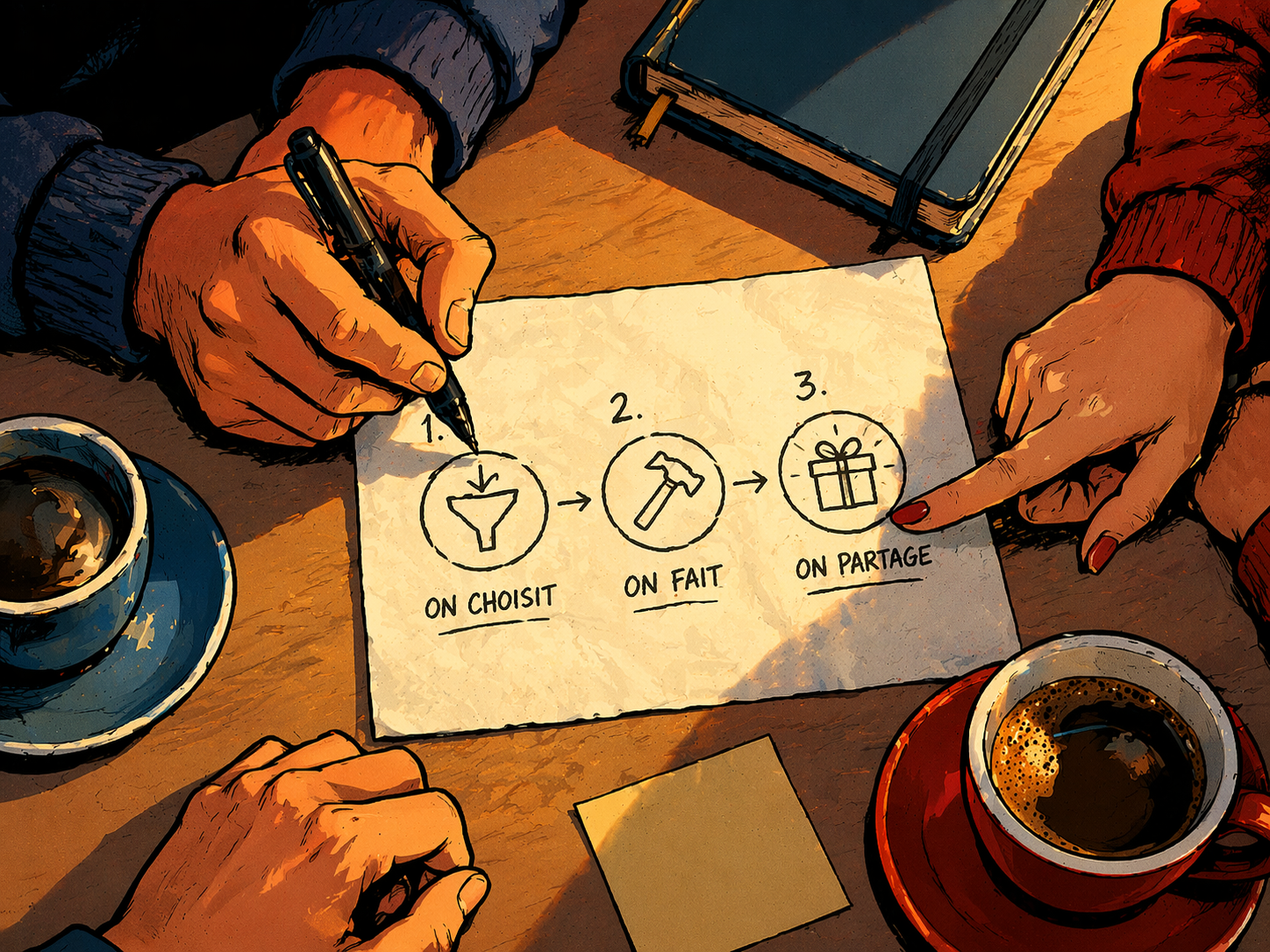 Vu du dessus, un entrepreneur explique un workflow très simple sur une feuille posée sur une table.