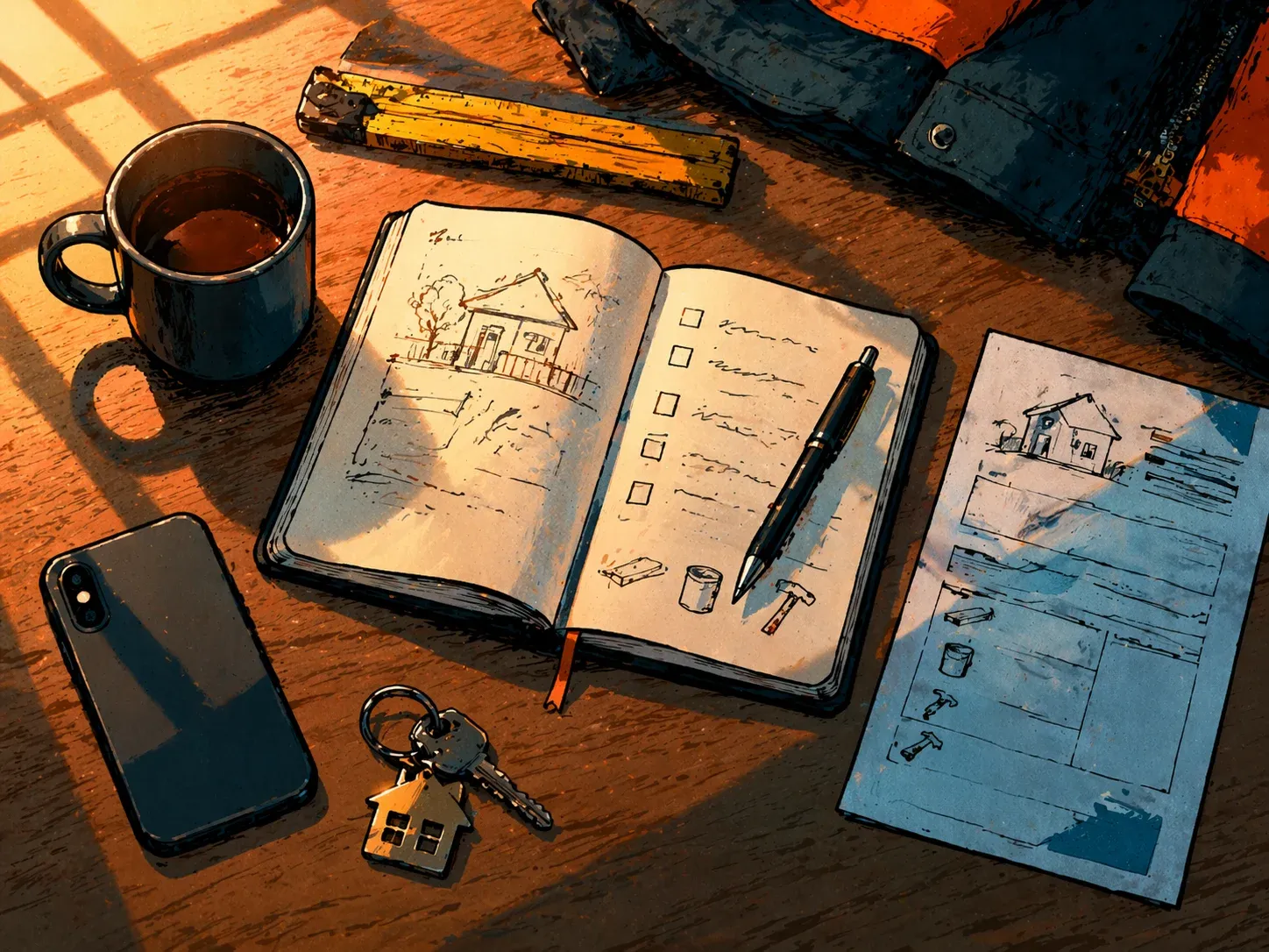 Un établi vu de dessus montre un carnet, un devis, un stylo et quelques outils autour d’un téléphone posé de côté.