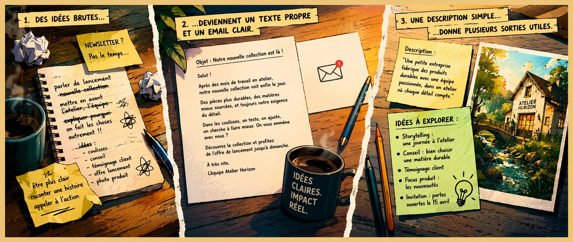 Un strip illustré montre des notes brutes devenir un texte propre, un email clair et une petite image.