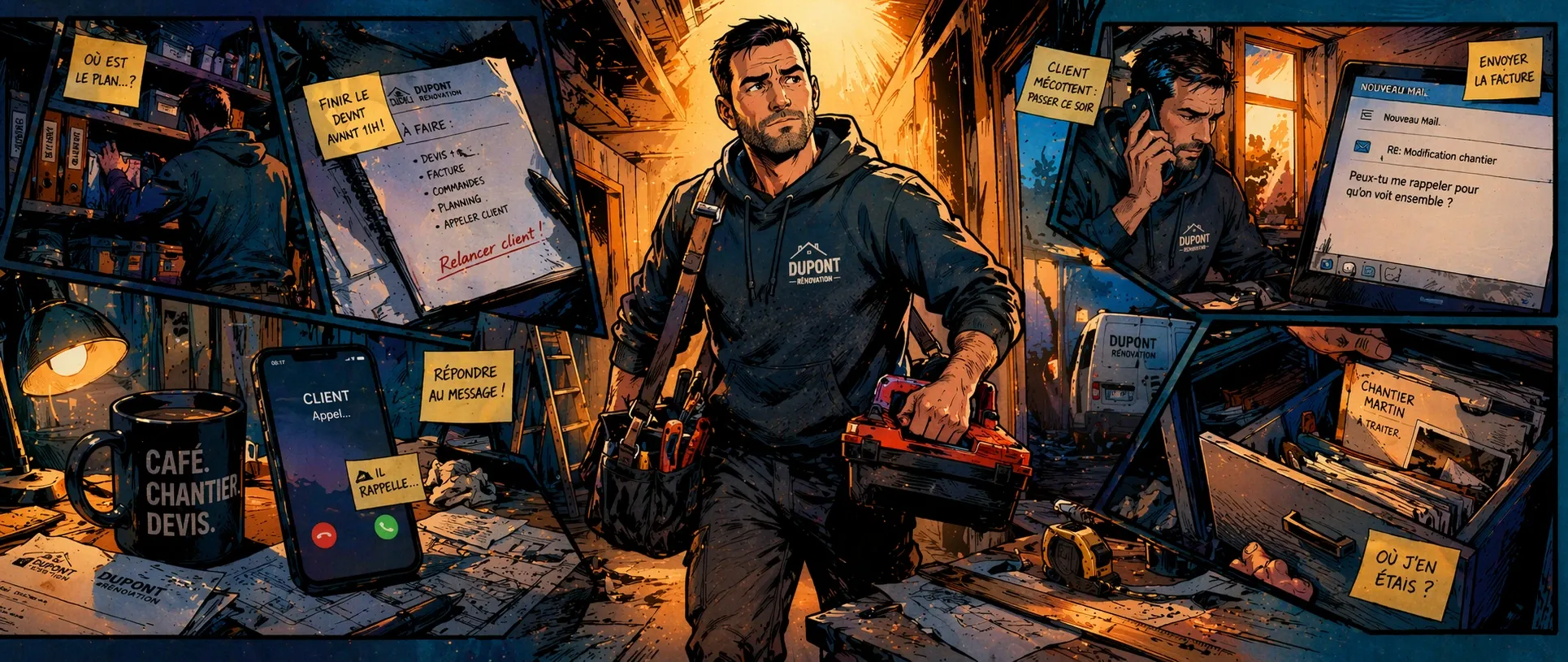 Un artisan avance dans son espace de travail pendant que plusieurs tâches inachevées reviennent autour de lui.