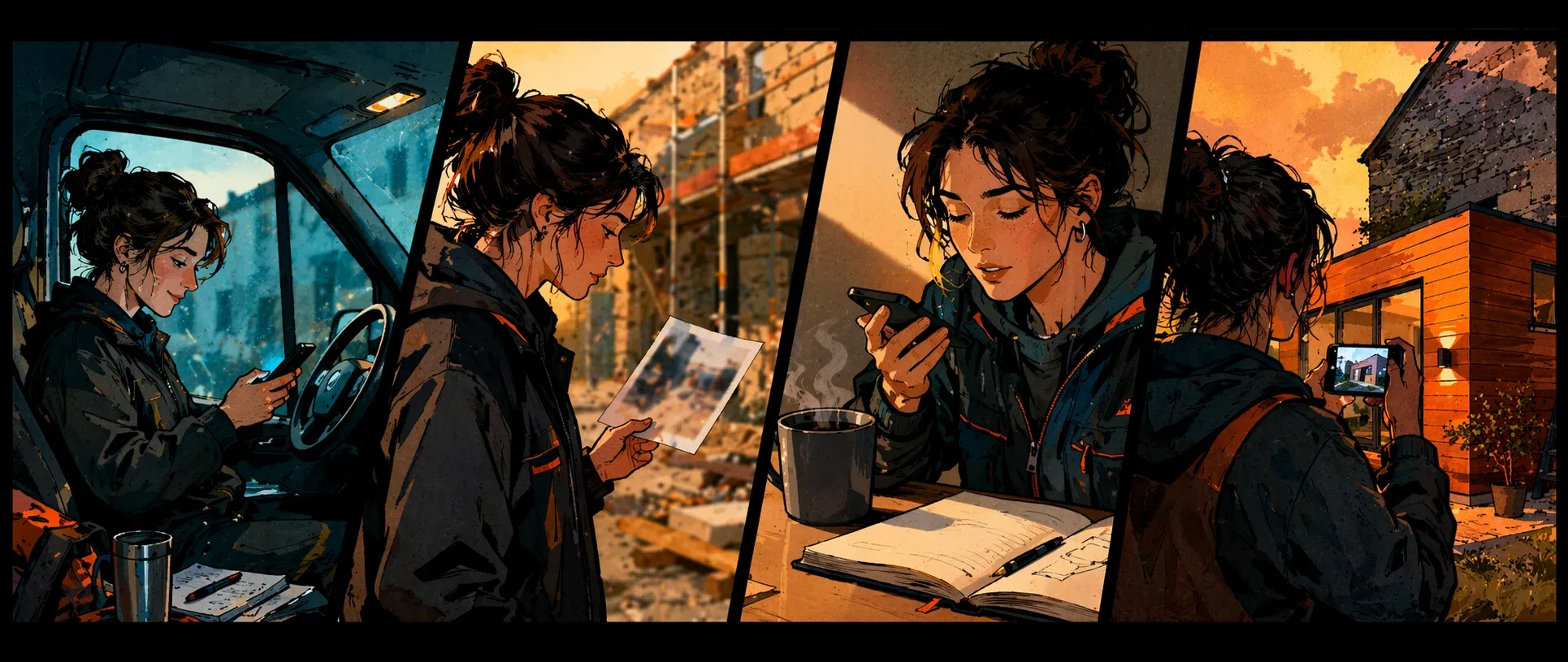 Une illustration en plusieurs vignettes montre une artisane dans différentes situations de messages clients au fil de la journée.