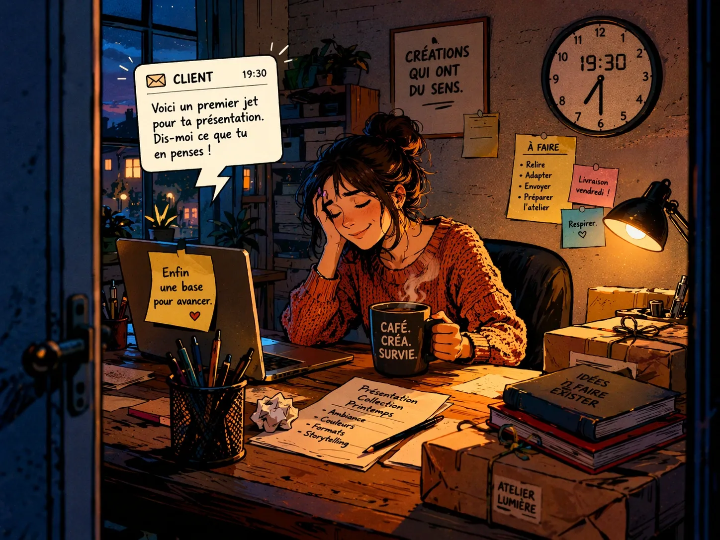 En fin de journée, un personnage féminin fatigué traite un message client dans un petit bureau de TPE.