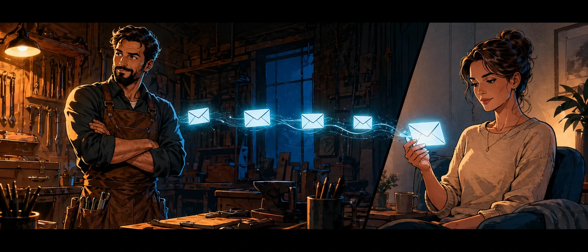 Un artisan observe des relances lumineuses partir à rythme régulier vers une cliente.