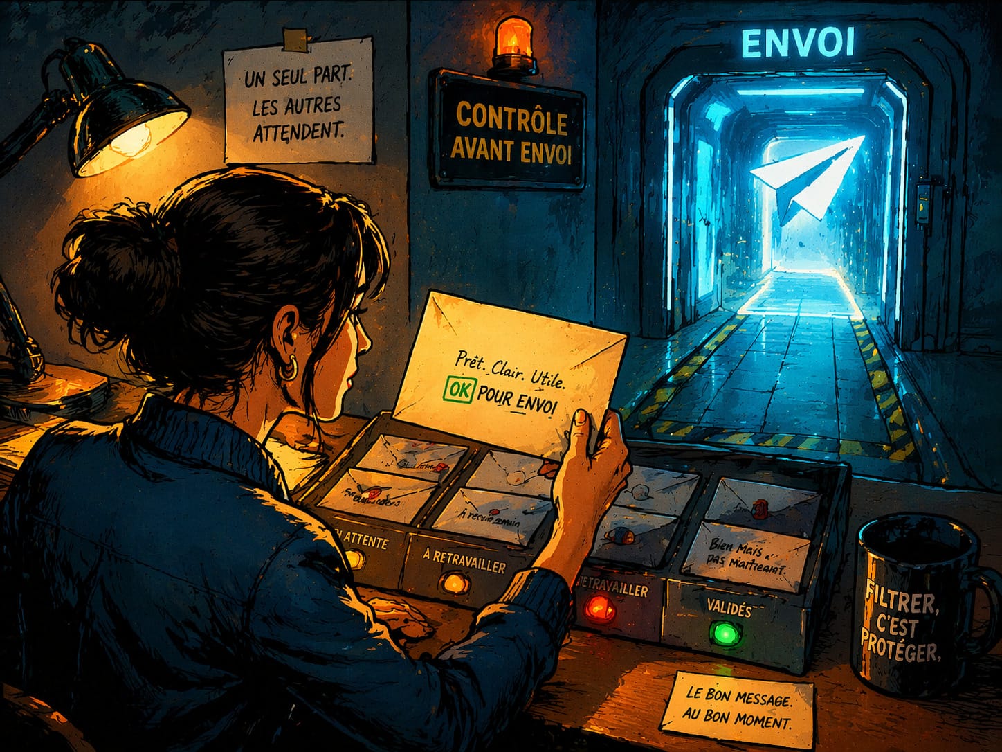 Une responsable bloque un message au dernier point de passage avant son envoi.