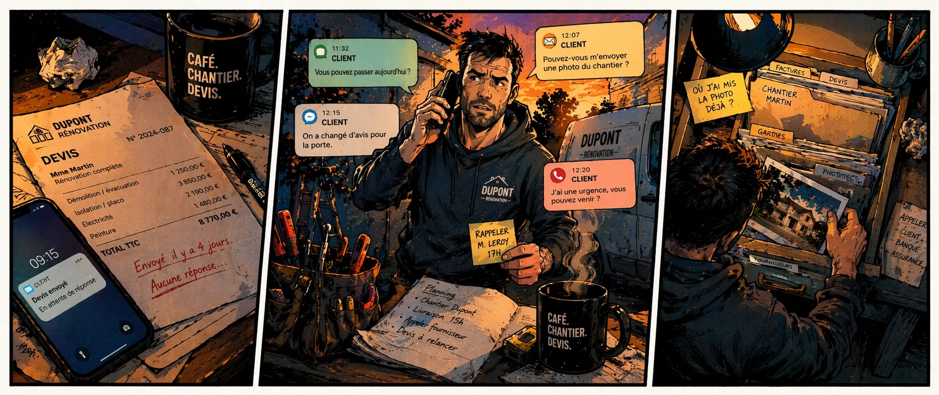 Une mini-BD en trois scènes montre un devis sans retour, des demandes clients dispersées et une recherche de document.