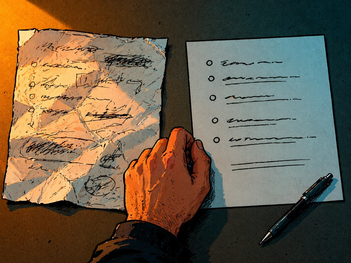 Deux versions d’un même message sont posées côte à côte sur une table, avec une main prête à choisir la plus claire.