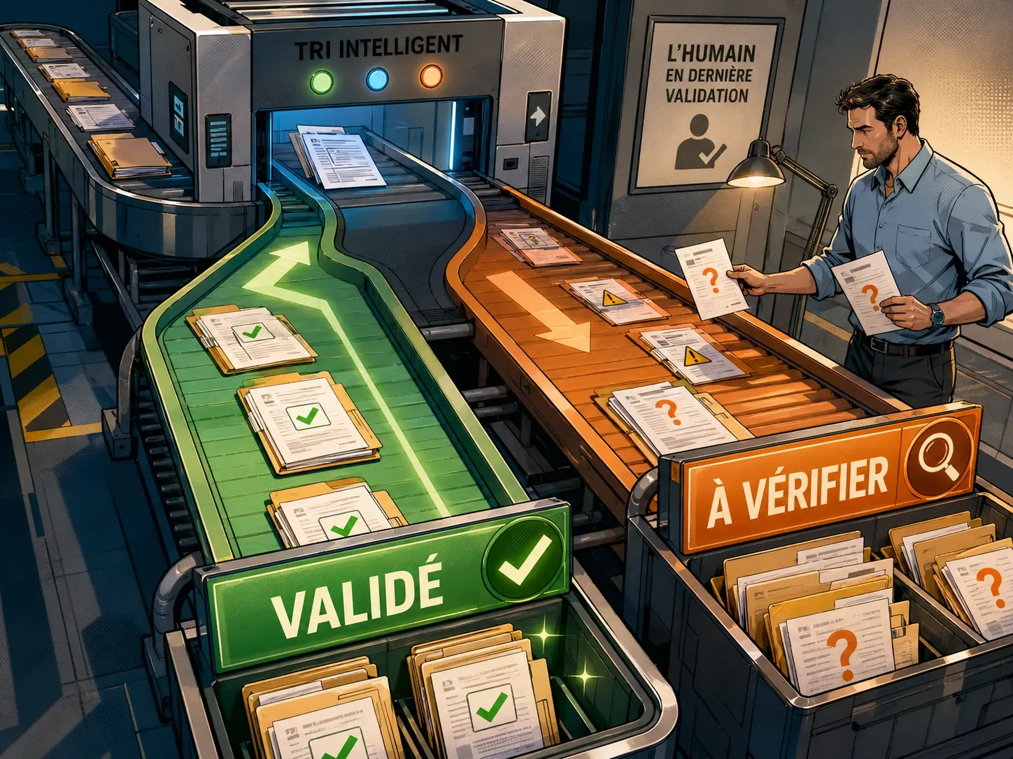 Des documents sont triés entre une zone validée et une zone à vérifier sous le regard d’un collaborateur comptable.